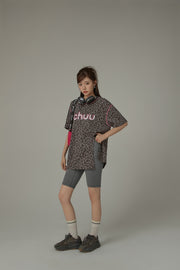 Leopard Side Slit Lettering Loose Fit Mid Length T-Shirt