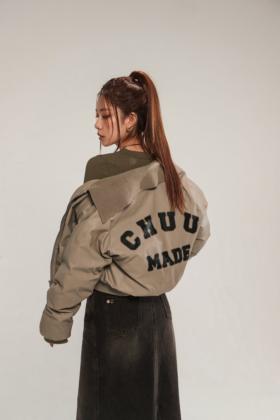 CHUU Logo Collar Leather Padded Jacket