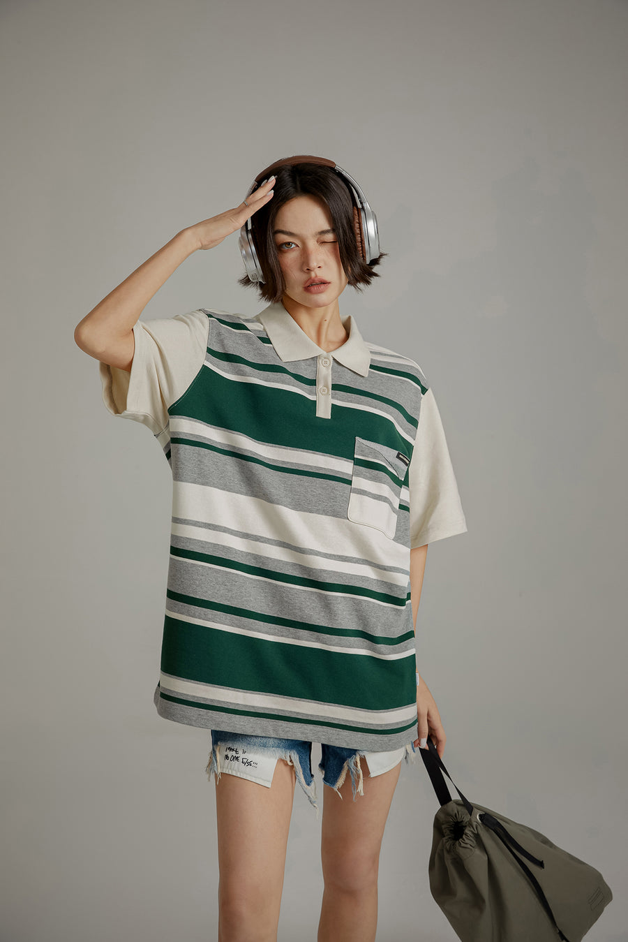 CHUU Polo Neck Striped Loose Fit T-Shirt