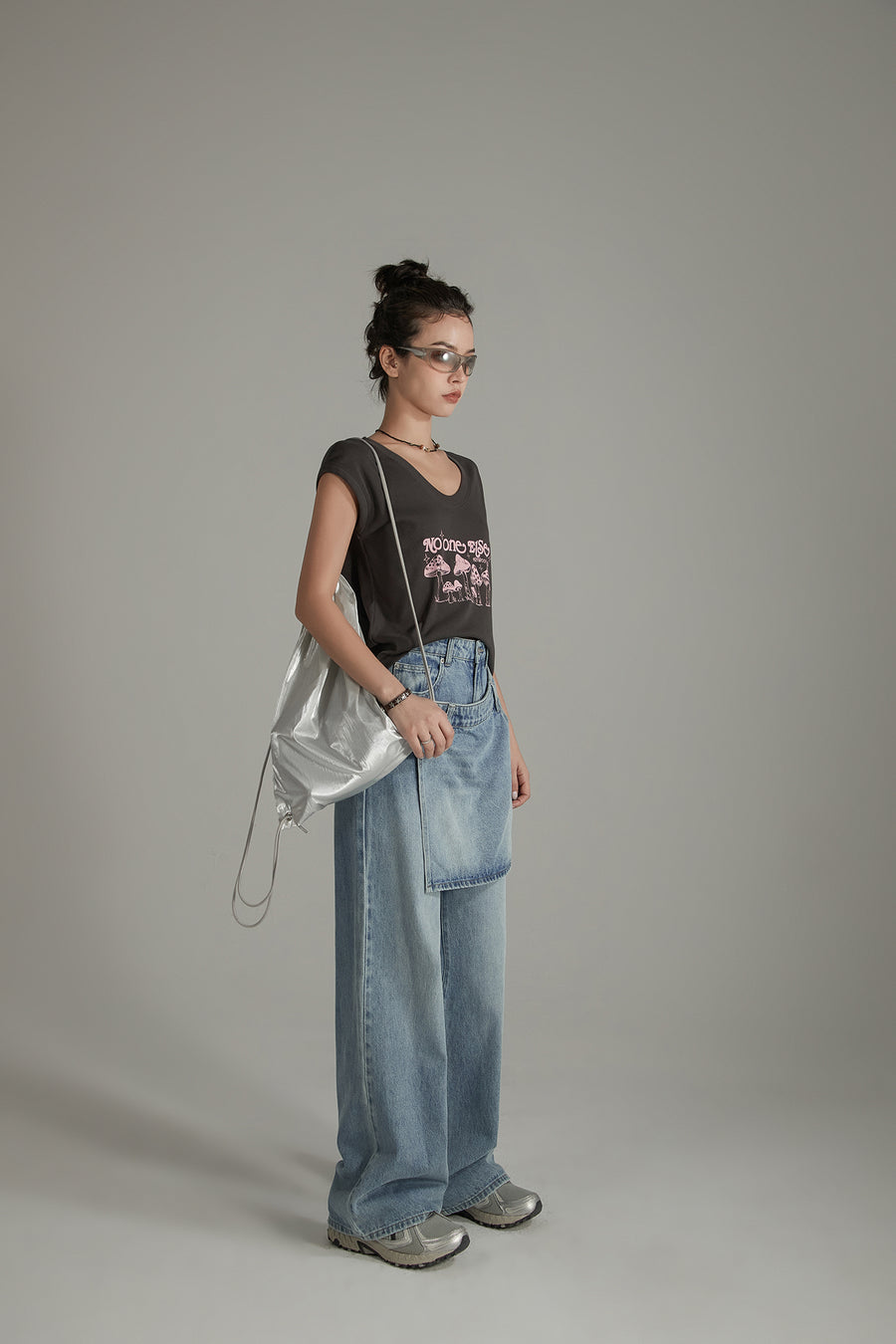 CHUU Layered False Skirt Wide Denim Jeans