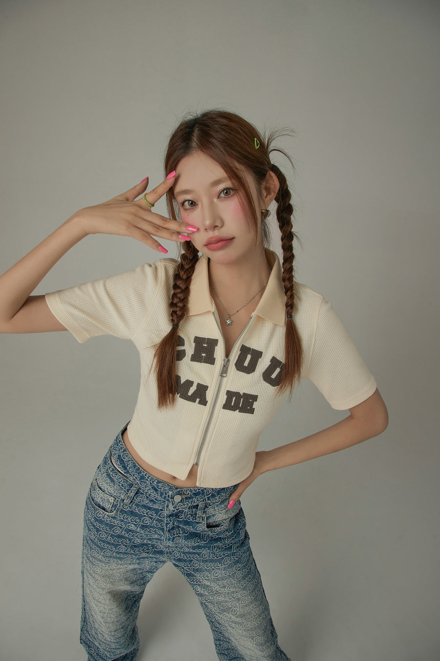 CHUU Logo Color Waffle Short Sleeve Zip-Up Top