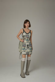 Logo Newspaper V-Neck Strap Mini Dress