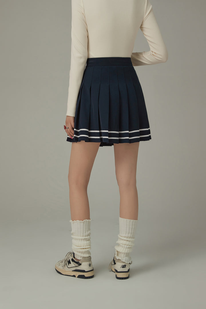 Stripe Button Pleated Sporty Mini Skirt