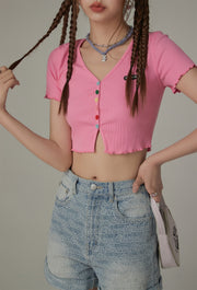 Rainbow Button Raw Hem Cropped T-Shirt