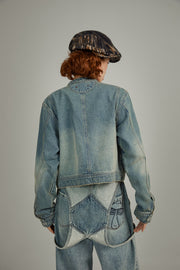 Neck Button Washed Denim Jacket