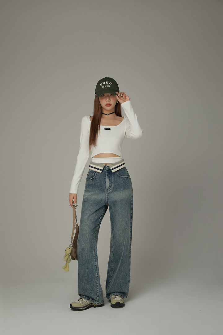 Color Matching Folded Waist Wide Denim Jeans