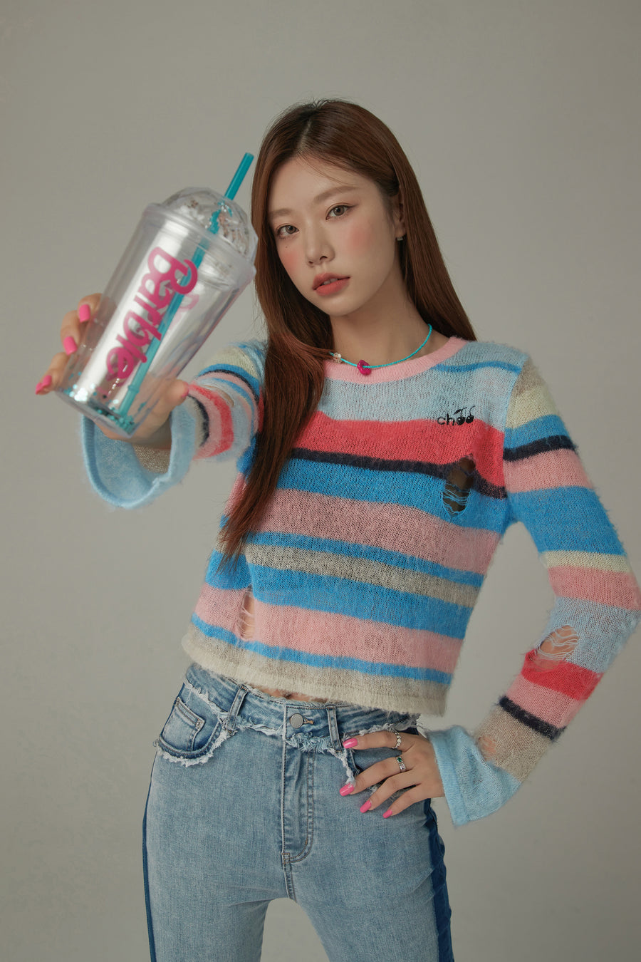 CHUU Rainbow Crop Ripped Stripe Knit Sweater