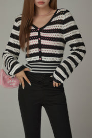 Button Stripe Color Knit Sweater