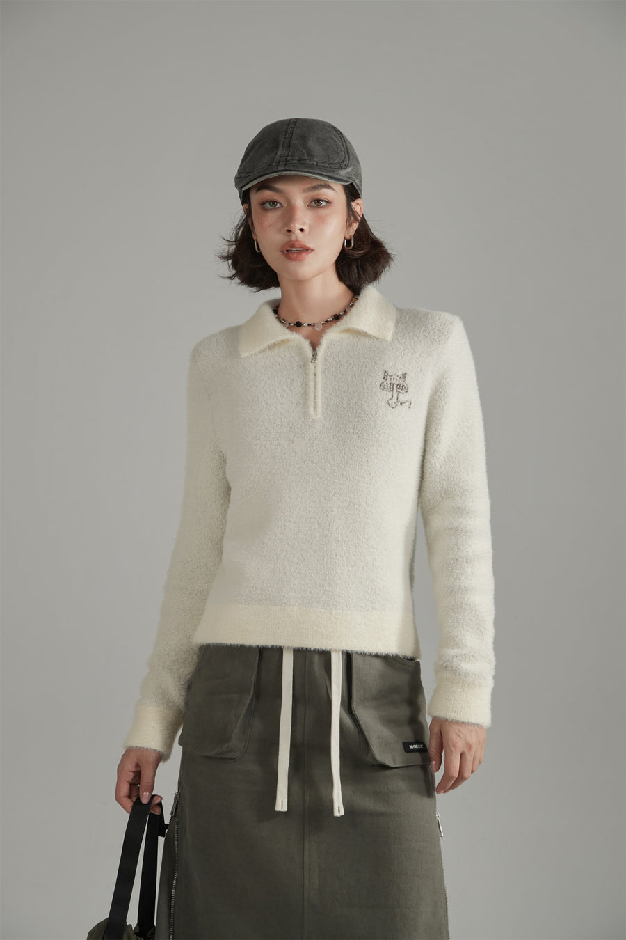 CHUU Mushroom Half Zip-Up Knit Sweater