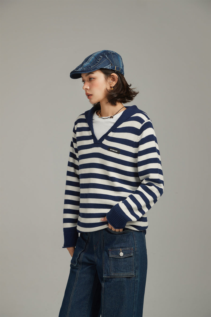 CHUU Collar Striped Knit Sweater