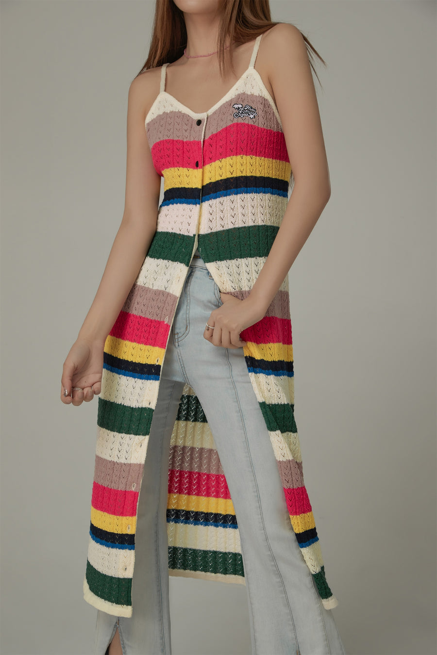 CHUU Striped Bustier Button Sleeveless Knit Dress