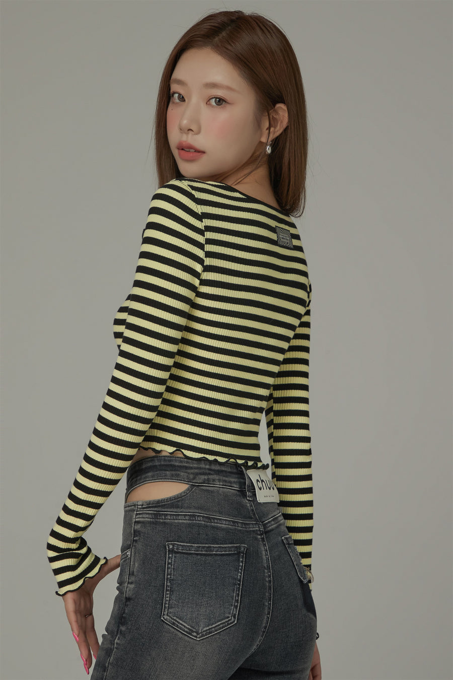 CHUU Chest Cutout Frill Long Sleeves Striped Top