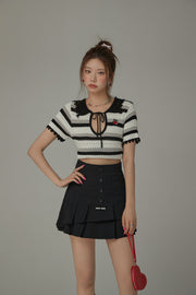 Stripe Ribbon Keyhole Knit Top