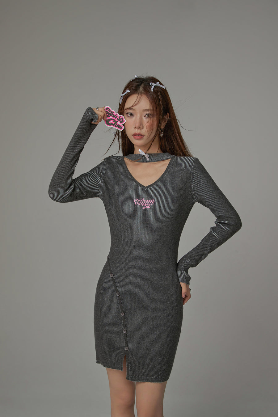 CHUU Front Slit Cut Out Knit Dress