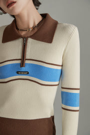 Half Zip-Up Color Collar Knit Sweater