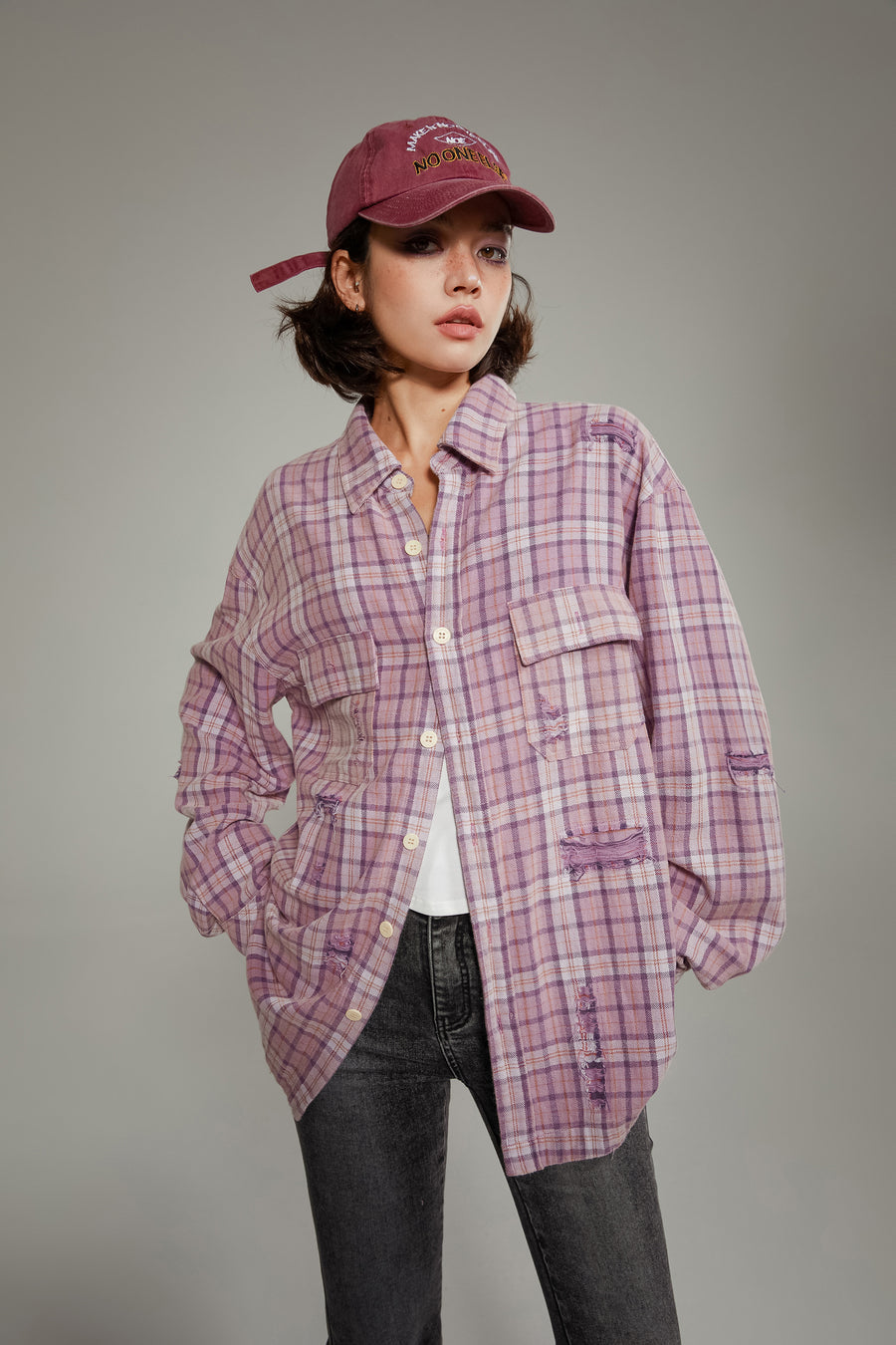 CHUU Checked Long Sleeve Boxy Shirt