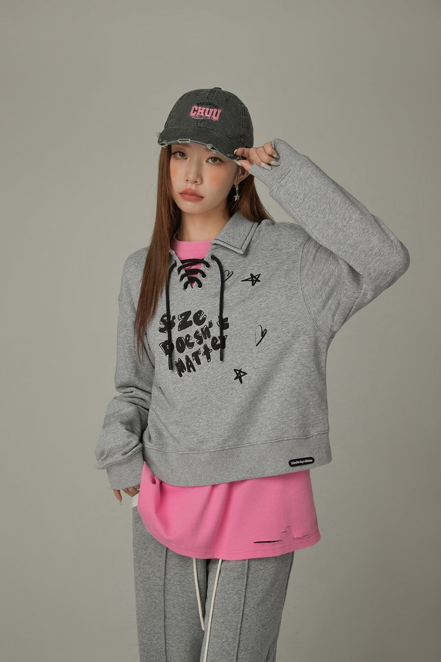 CHUU Size Doesnt Matter Lace Up Sweatshirt