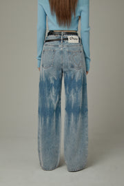 Double Belted Washed Straight Wide Jeans