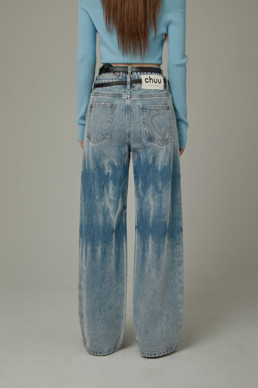 CHUU Double Belted Washed Straight Wide Jeans