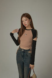 Star Logo Cutout Shirring Waist Long Sleeves Top