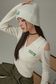 Logo V-Neck Open Shoulder Top