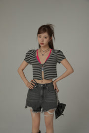 Stripe Layering Short Sleeve Crop Top