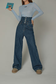 High Waisted Button Wide Denim Jeans