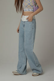 White Cotton Waist Wide Straight Jeans