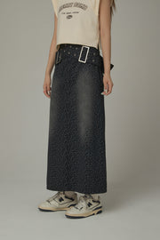 Belted Double Buckle Leopard Long Skirt