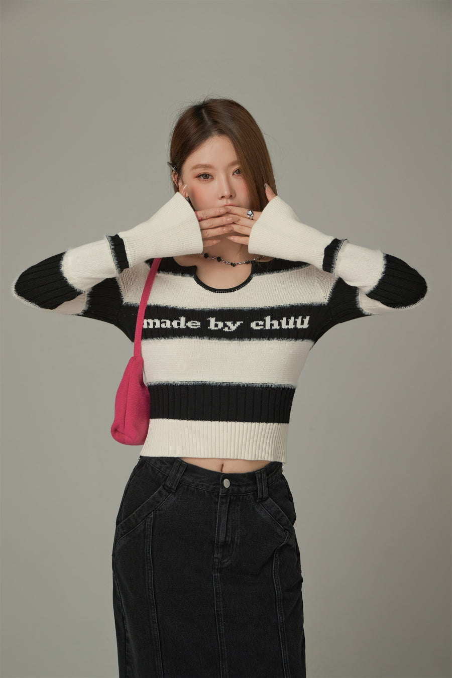 CHUU Logo Color Stripe Knit Sweater