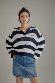 Color Combination Stripe Open Collar Knit Sweater