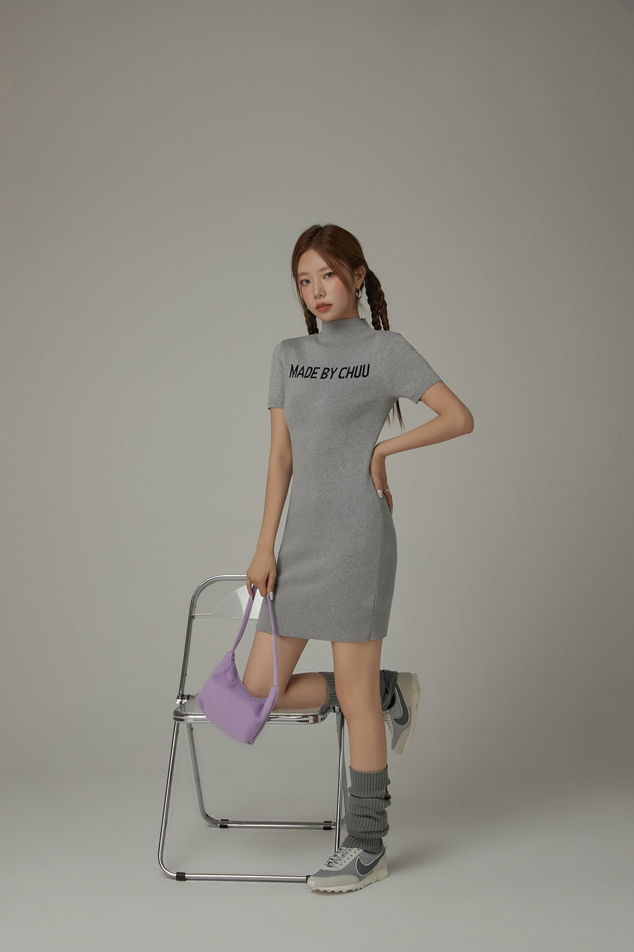 CHUU High Neck Logo Knit Mini Dress