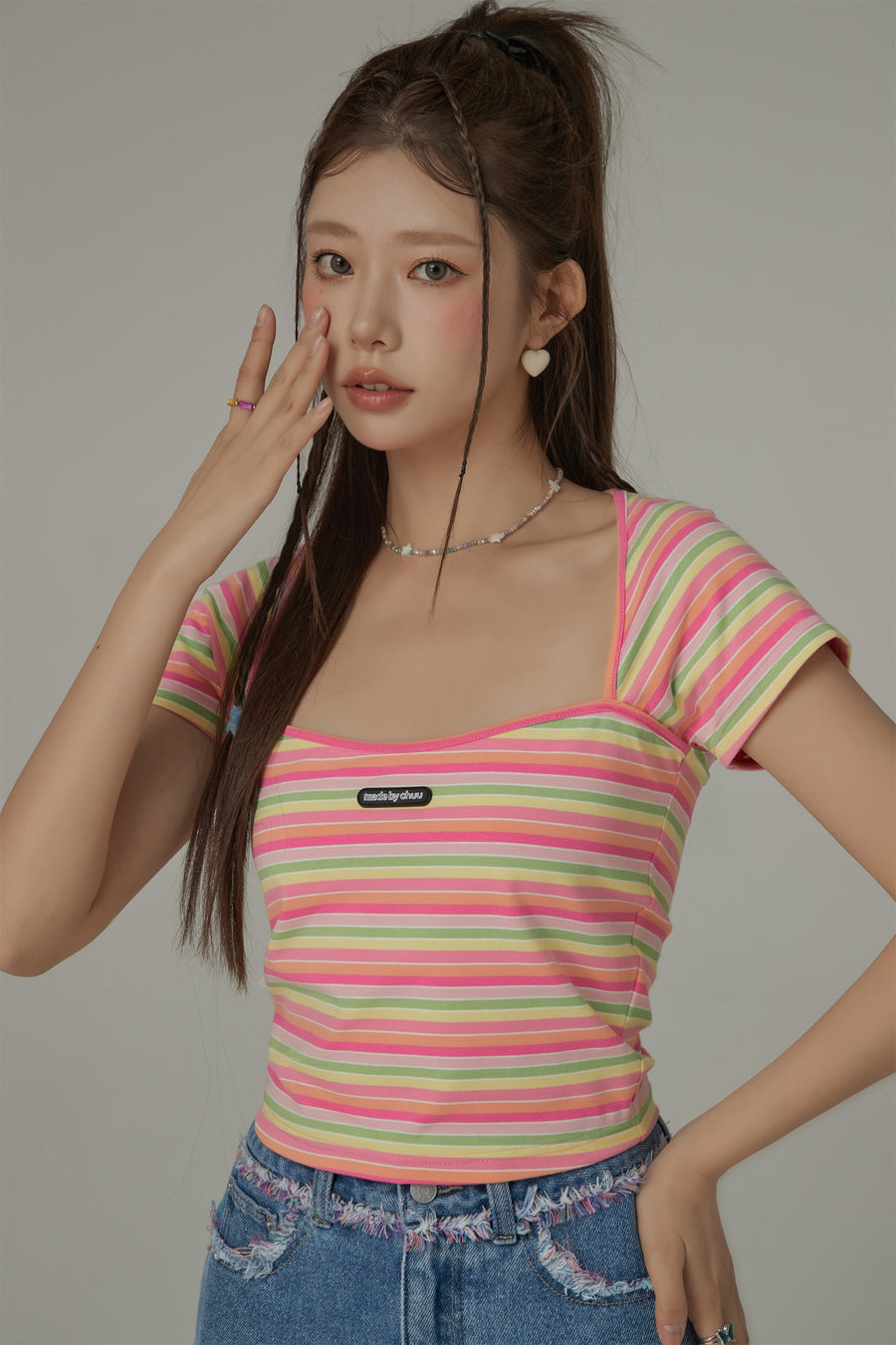 CHUU Rainbow Stripe Square Neck T-Shirt