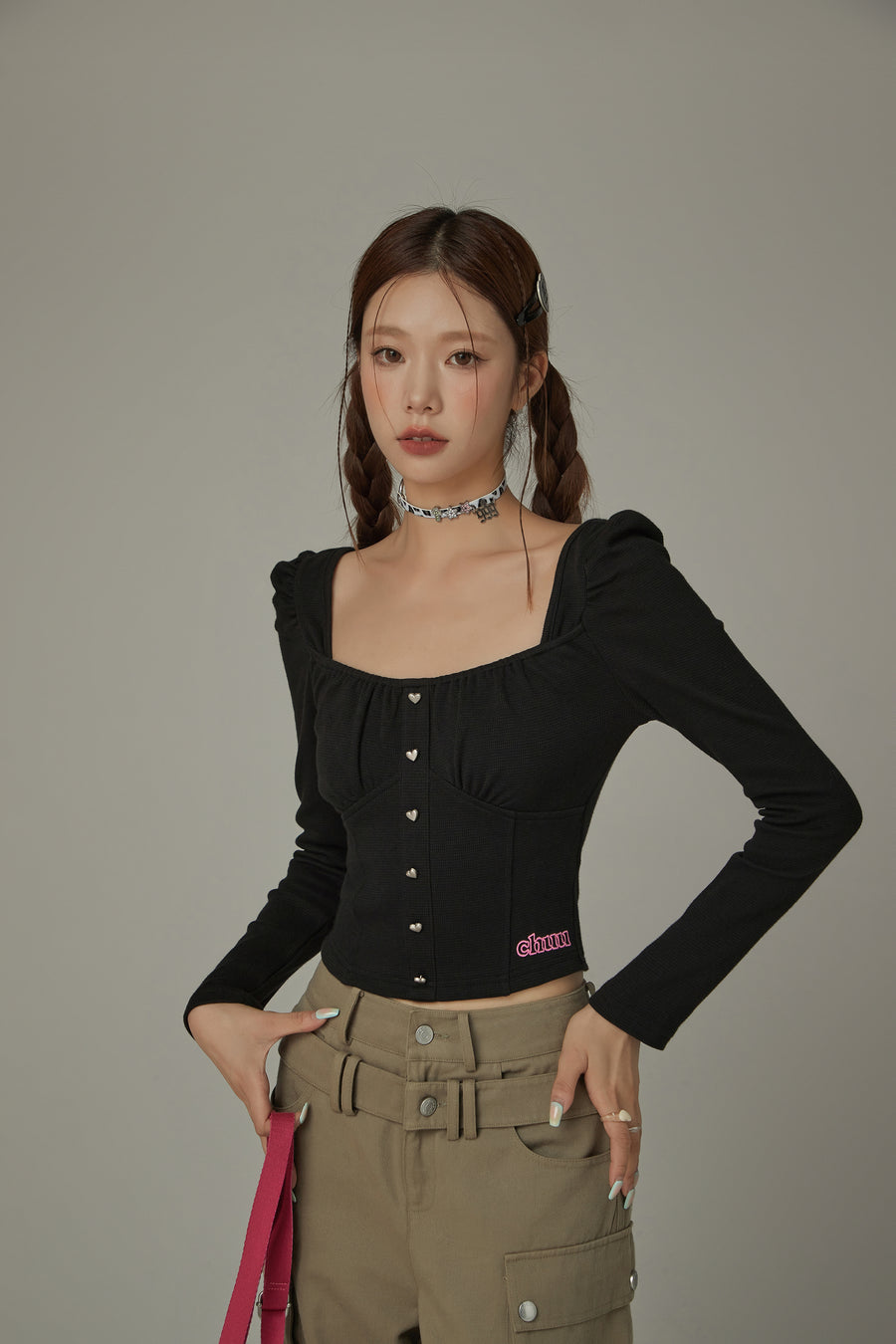 CHUU Heart Buttons Square Puff Sleeve Top