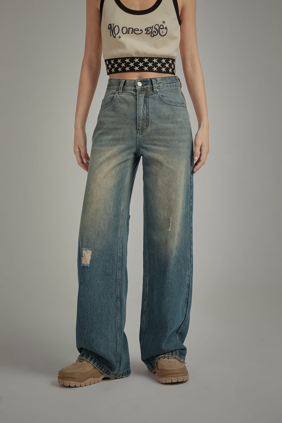 CHUU Stitched Ripped Washed Wide Denim Jeans