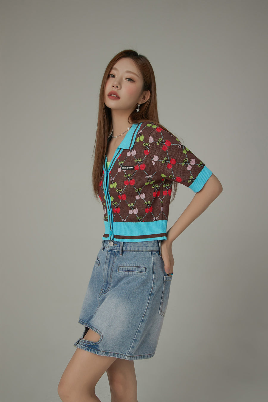 CHUU Cherry Argyle Colored Short Sleeve Knit Cardigan