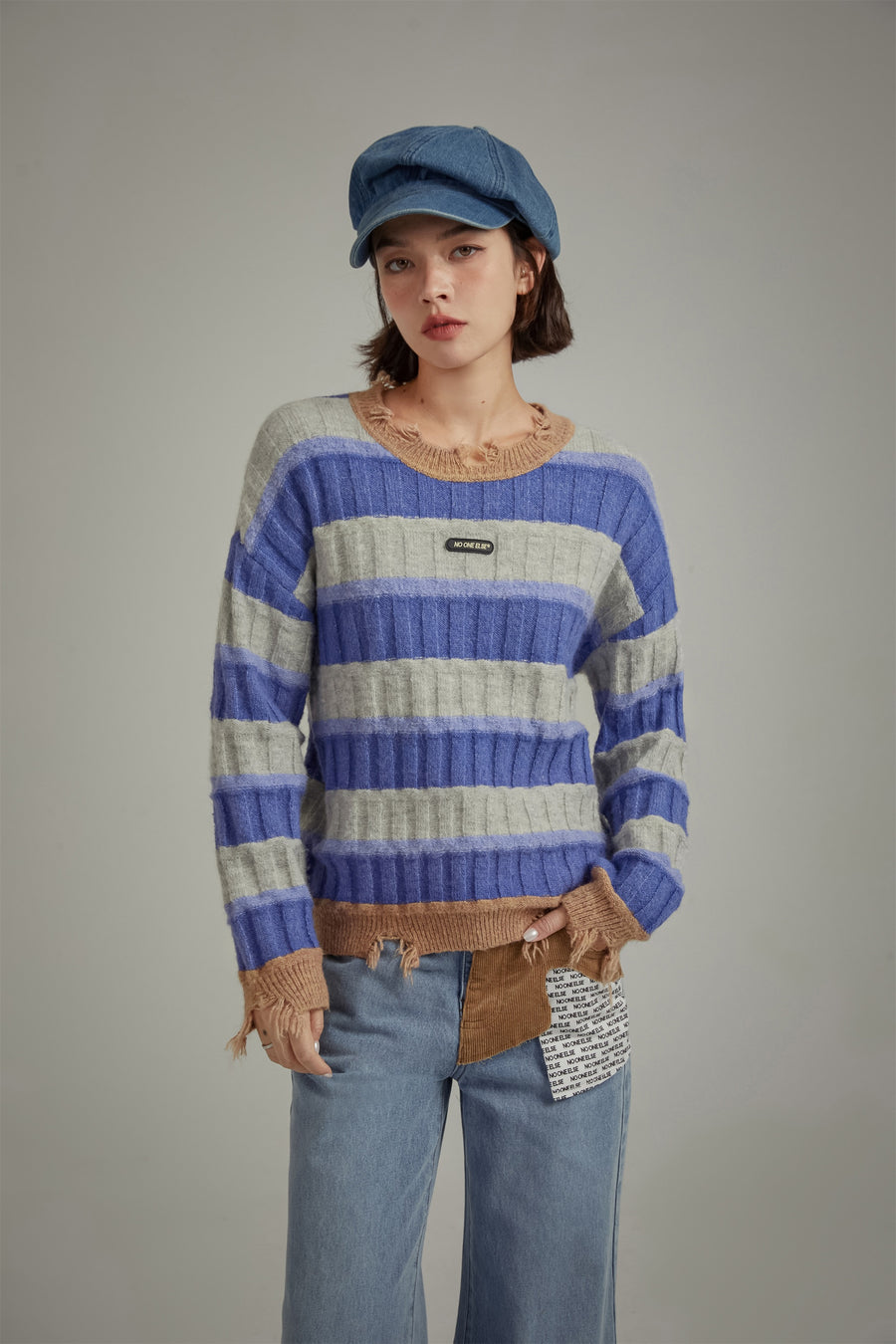 CHUU Distressed Striped Loose Knit Sweater