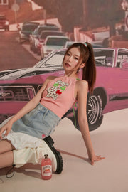 Embroidered Have A Chuu Day Cherries Sleeveless Halter Neck Top