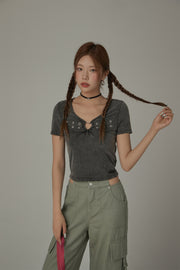 Metal Heart Keyhole Short Sleeve Top