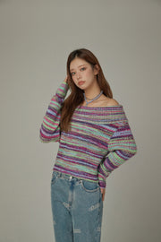 Off-Shoulder Color Stripe Knit Sweater