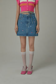 Multi Color Cherry Ribbon Tie Denim Mini Skirt