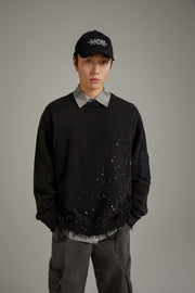 Pocket Paint Splatter Distressed Loose Fit Knit Sweater