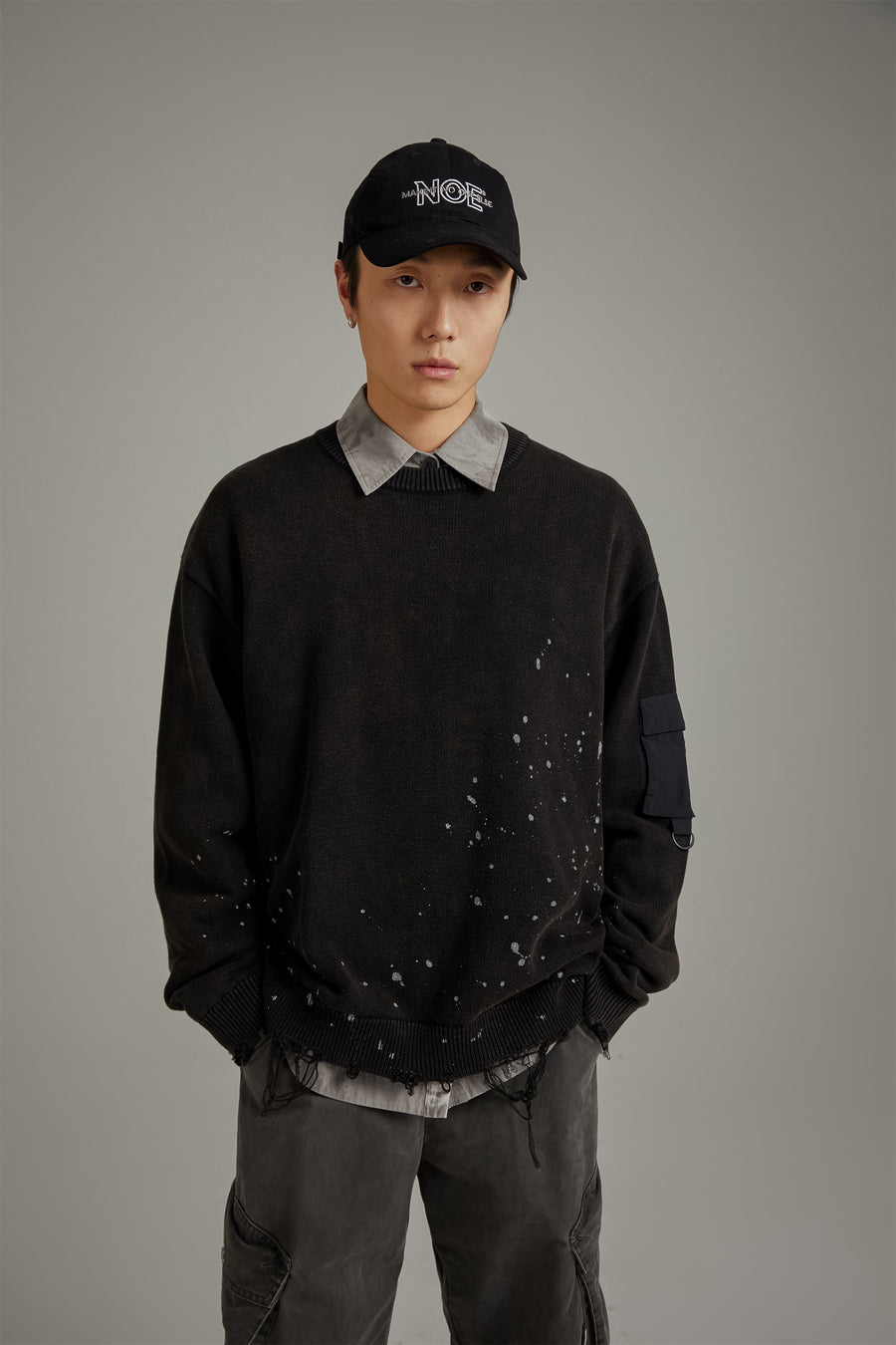 CHUU Pocket Paint Splatter Distressed Loose Fit Knit Sweater