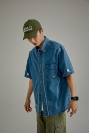 Distressed Embroidered Denim Short Sleeve Shirt