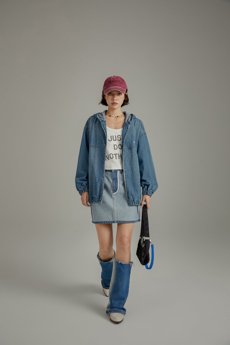 CHUU Embroidered Letter Denim Hooded Jacket