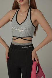 Logo Halter Criss Cross Sleeveless Top