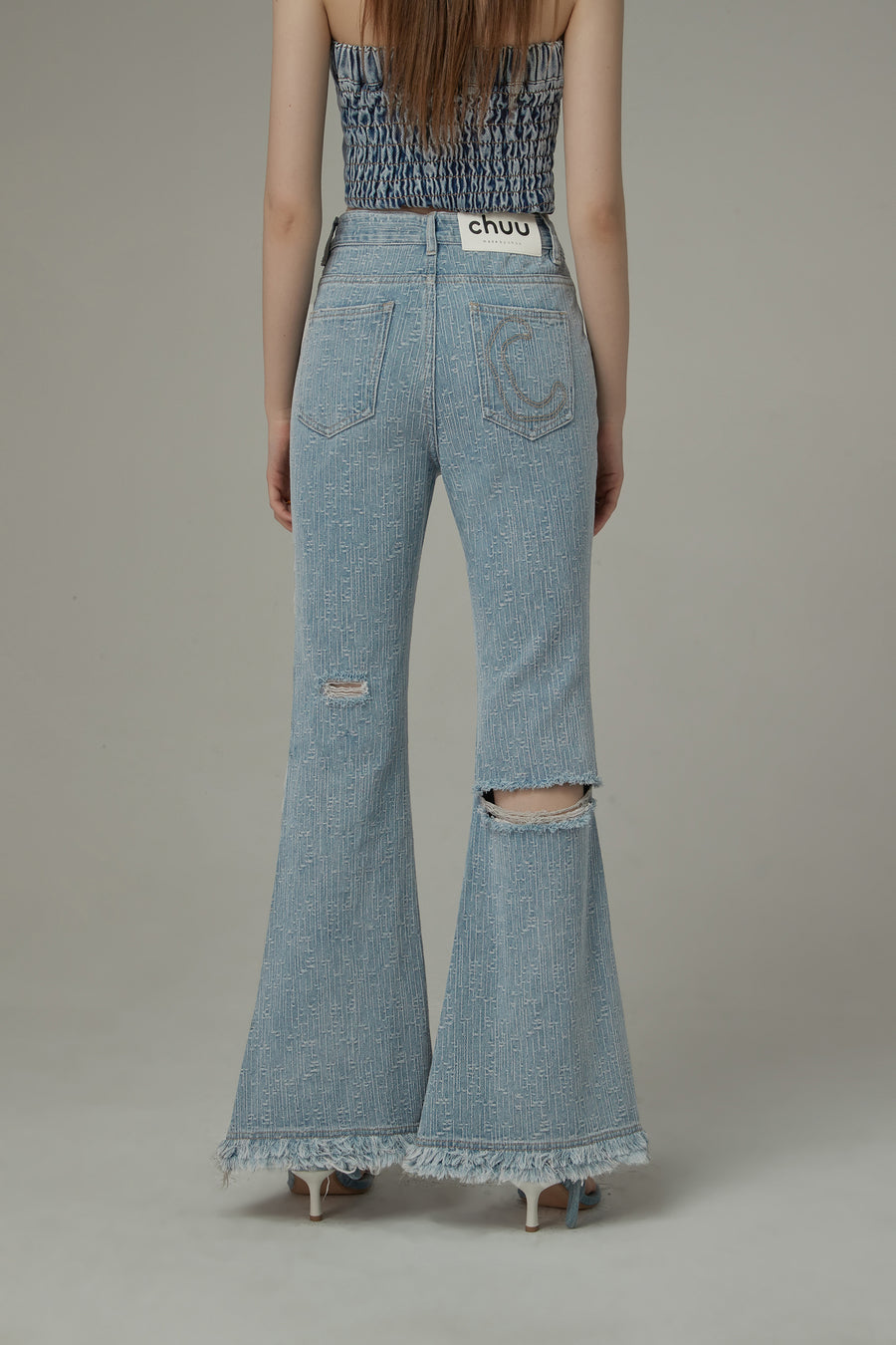 CHUU Fringed Ripped Bootcut Denim Jeans