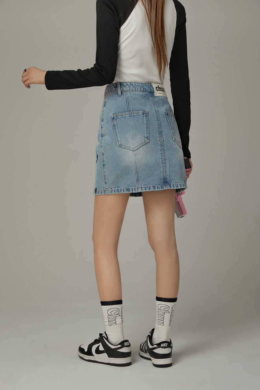 CHUU Lace Up Heart Star Denim Skirt