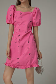 Chuu Symbols Ruffled Side Cutout Puff Short Sleeve Mini Dress