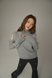 Off-Shoulder Heart Cut Out Knit Sweater